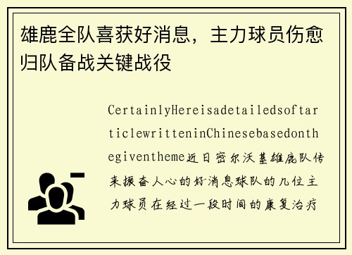 雄鹿全队喜获好消息，主力球员伤愈归队备战关键战役